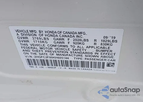 2019 Honda Civic Sport из США, поврежденный, VIN 2HGFC2F89KH605144